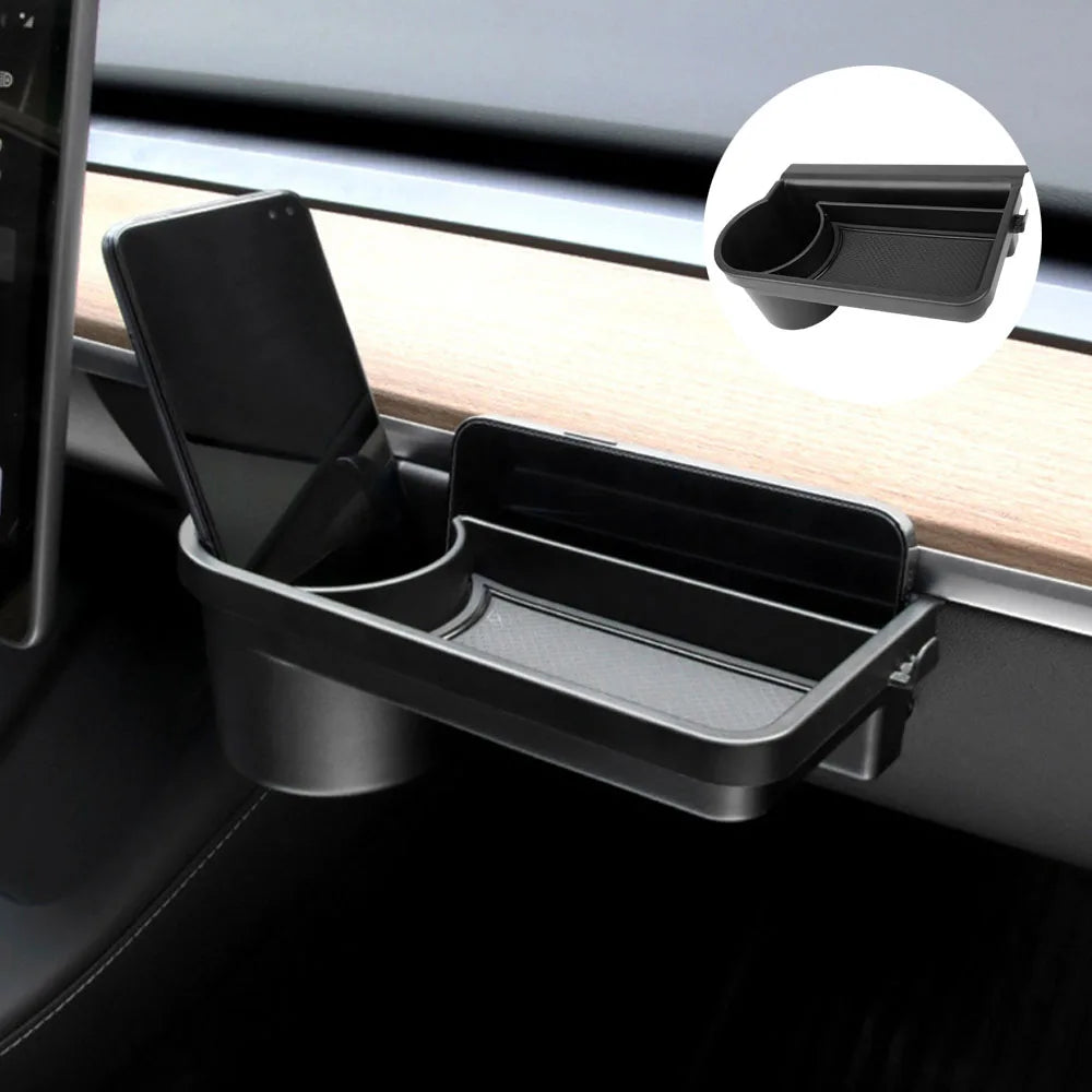 EV Motion Beifahrer Armaturenbrett Handschuchfach Organizer mit Getraenkehalter für Tesla Model 3 / Y