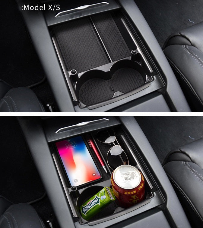 EV Motion Mittelkonsolen Smart Ablagefach mit Getraenkehalter für Tesla Model S / X