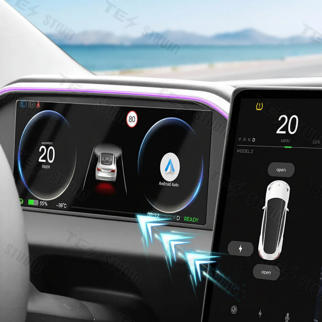 Tesstudio Integrierte Digitales Armaturenbrett Dashboard Display mit Ambiente LED und Kamera für Tesla Model 3 Highland / Model Y Juniper bei EV Motion Shop