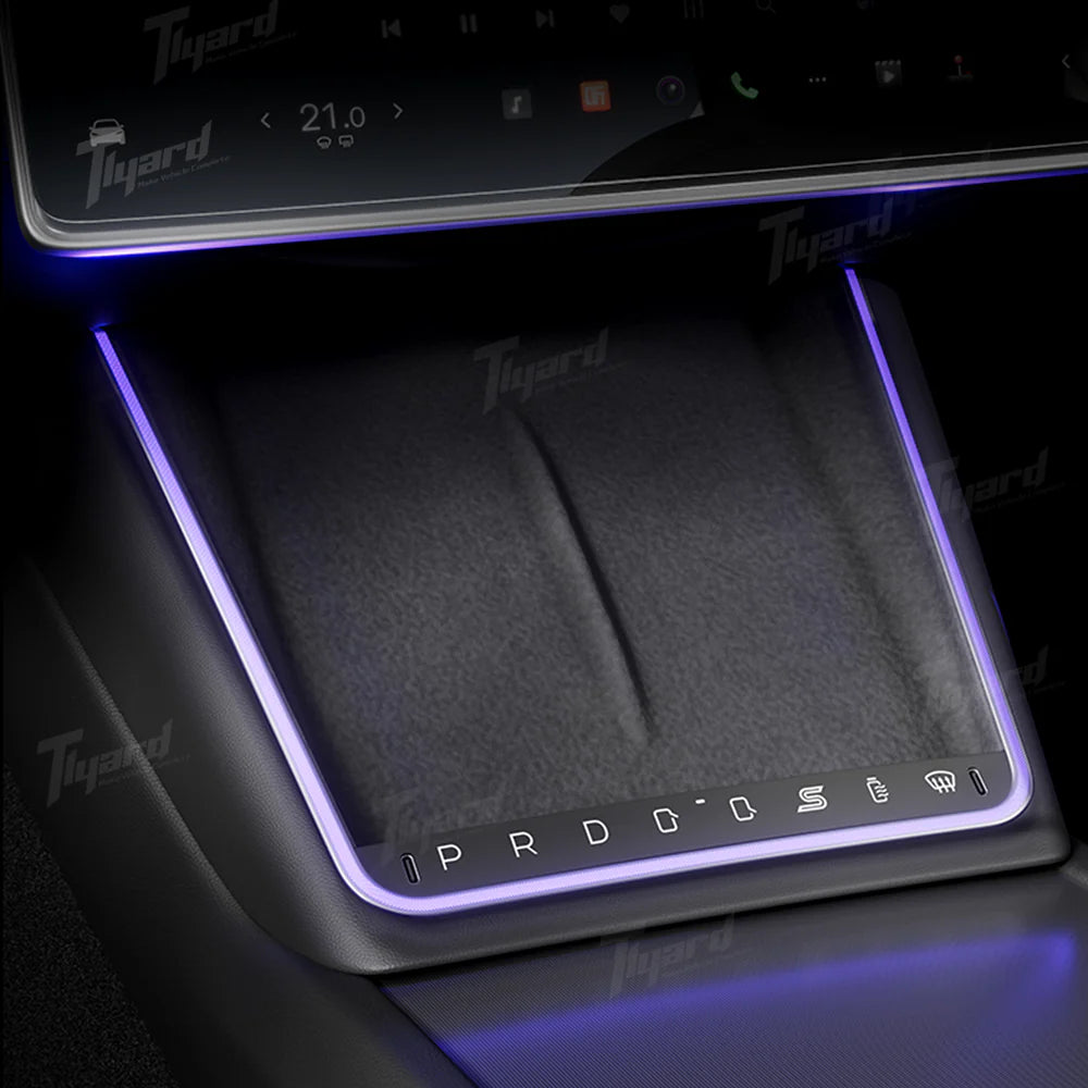 Tlyard Mittelkonsole Wireless Charger mit LED Ambiente – Tesla Model 3 Highland / Model Y Juniper bei EV Motion Shop