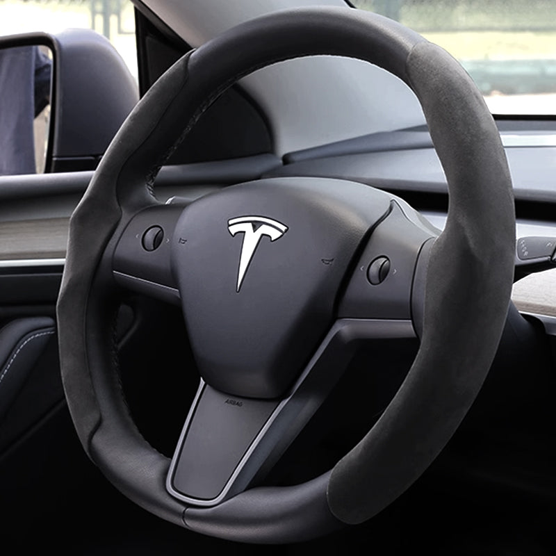Lenkrad Griffe Abdeckungen Cover im Alcantara Design (Schwarz) für Tesla Model 3 / Y bei EV Motion Shop