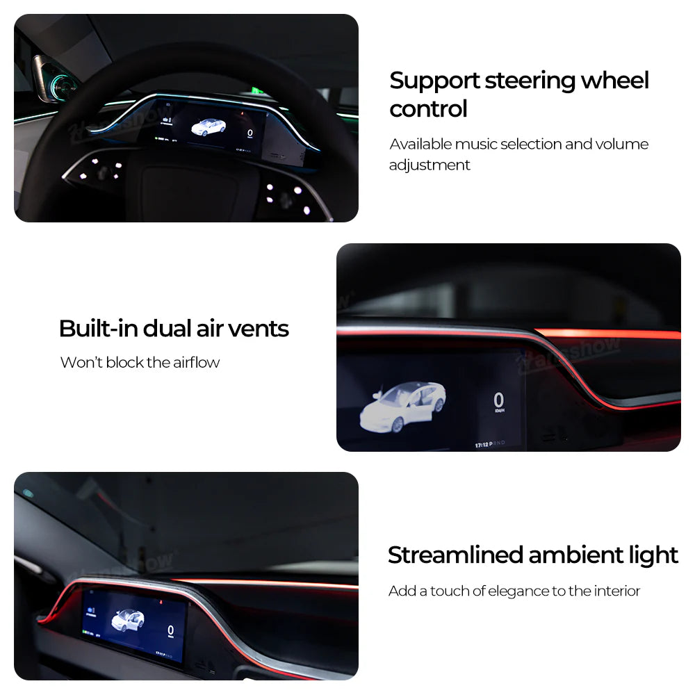 Hansshow 8,9 Zoll Dashboard Armaturenbrett Display Leiste mit Ambient Beleuchtung und Frontkamera für Tesla Model 3 (2024) Highland bei EV Motion Shop