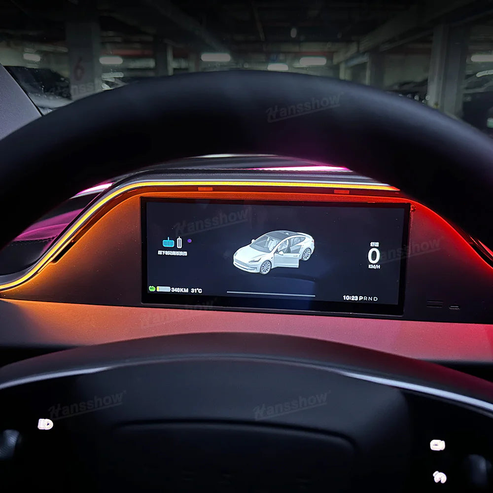 Hansshow 8,9 Zoll Dashboard Armaturenbrett Display Leiste mit Ambient Beleuchtung und Frontkamera für Tesla Model 3 (2024) Highland bei EV Motion Shop