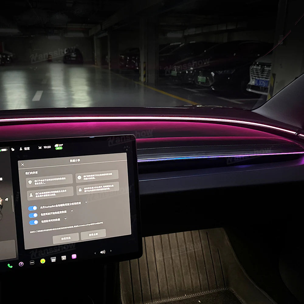 Hansshow 8,9 Zoll Dashboard Armaturenbrett Display Leiste mit Ambient Beleuchtung und Frontkamera für Tesla Model 3 (2024) Highland bei EV Motion Shop