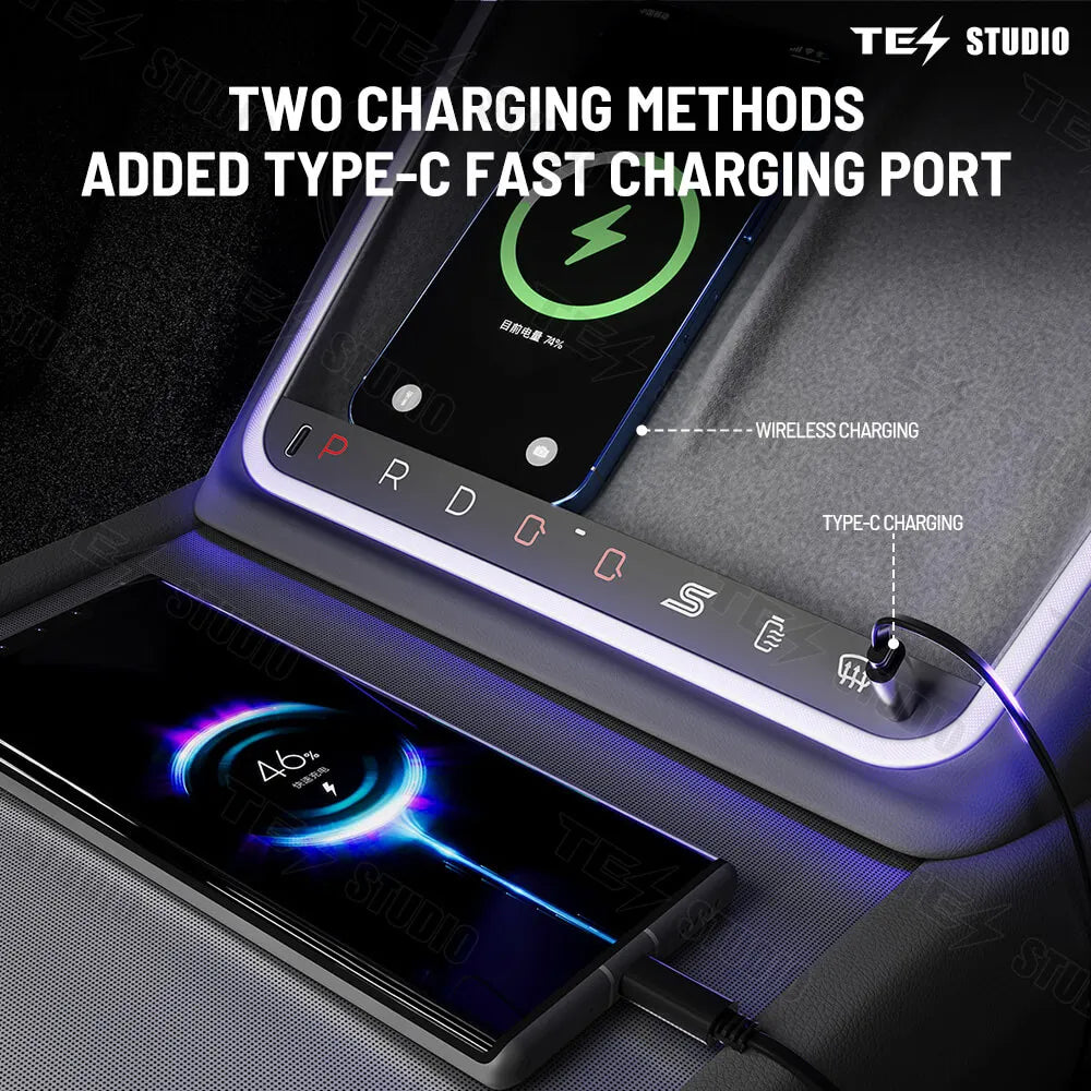 Tesstudio Mittelkonsole Wireless Charger mit LED Ambiente Licht für Model 3 Highland bei EV Motion Shop