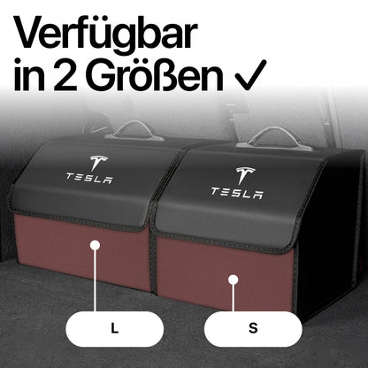 Kofferraum Trunk Aufbewahrung Organizer Box aus Kunstleder mit Print Logo für Tesla Model S / 3 / X / Y bei EV Motion Shop