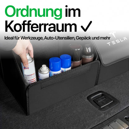 Kofferraum Trunk Aufbewahrung Organizer Box aus Kunstleder mit Print Logo für Tesla Model S / 3 / X / Y bei EV Motion Shop