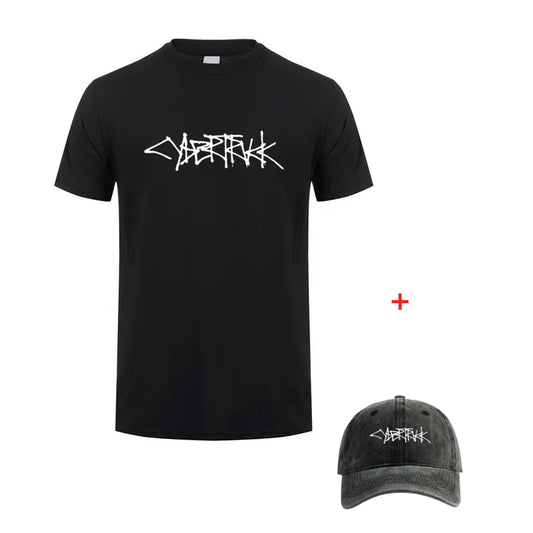 Tesla Cybertruck Script Logo Print Tee Fan T-Shirt + Baseball Cap (2er Set) in Schwarz bei EV Motion Shop 
