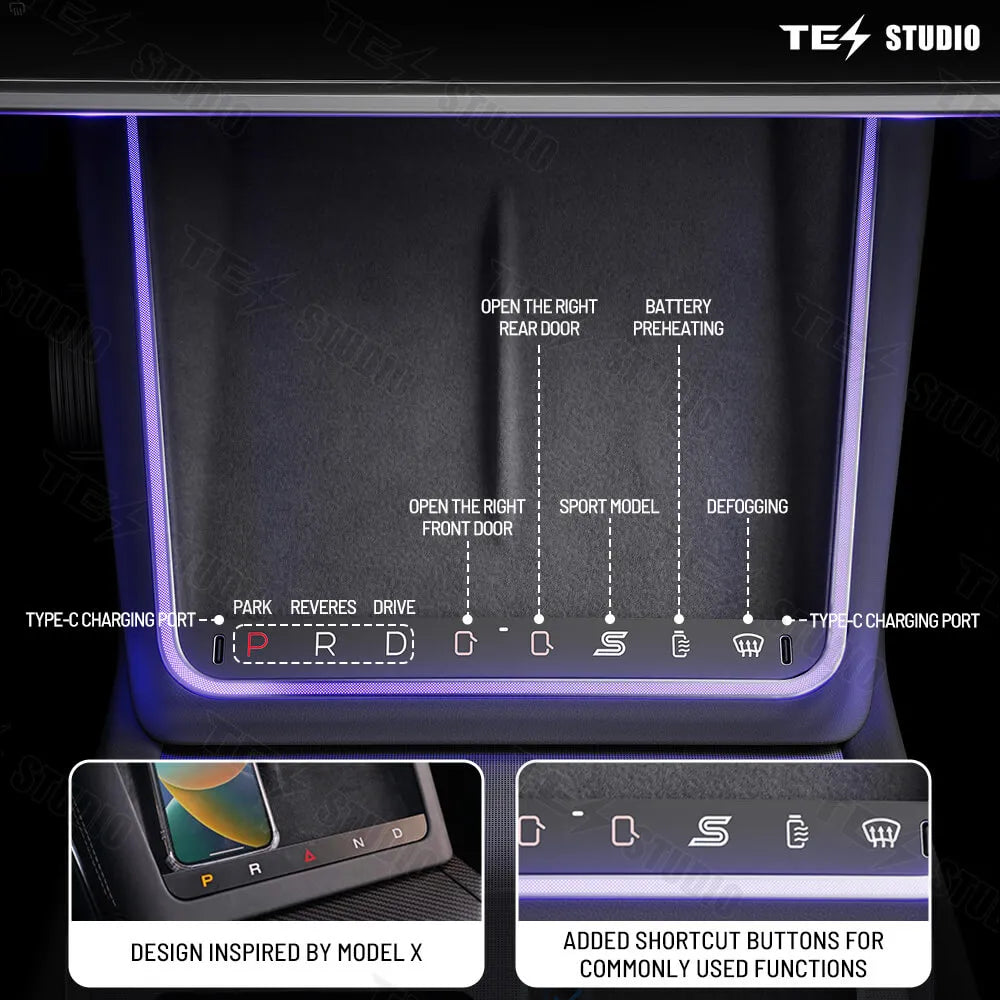 Tesstudio Mittelkonsole Wireless Charger mit LED Ambiente Licht für Model 3 / Y / Highland / Juniper bei EV Motion Shop
