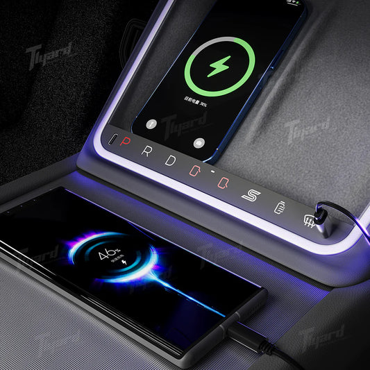 Tlyard Mittelkonsole Wireless Charger mit LED Ambiente – Tesla Model 3 Highland / Model Y Juniper bei EV Motion Shop